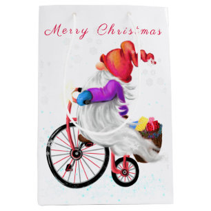 Sacola Para Presentes Média Feliz Natal - Gnomo Engraçado com Bicicleta e Pre