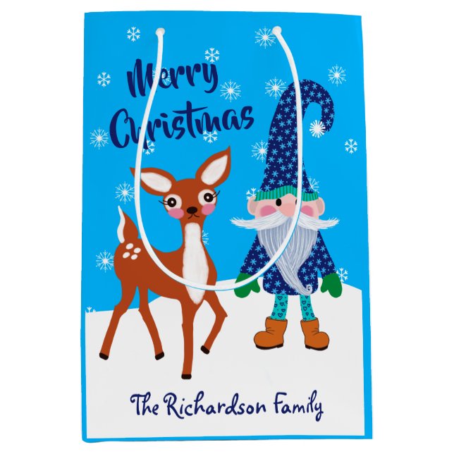 Sacola Para Presentes Média Feliz Natal Gnomo Snowflakes Nome de veado (Frente)
