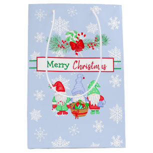 Sacola Para Presentes Média Feliz Natal Gnomos Snowflakes Fundo Azul