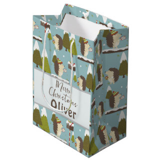 Sacola Para Presentes Média Feliz Natal Hedgehogs Nome das Crianças