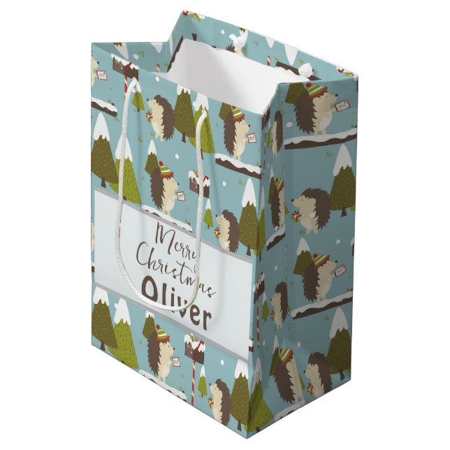 Sacola Para Presentes Média Feliz Natal Hedgehogs Nome das Crianças (Frente inclinada)