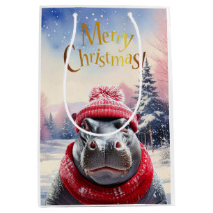 Sacola Para Presentes Média Feliz Natal Hippo Santa Chapéu e cachecol