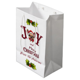 Sacola Para Presentes Média Feliz Natal Joy Bonito Bulldog Francês Holly