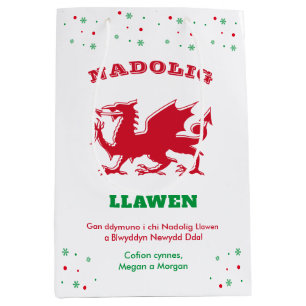 Sacola Para Presentes Média Feliz Natal Nadolig Llawen Red Welsh Dragon