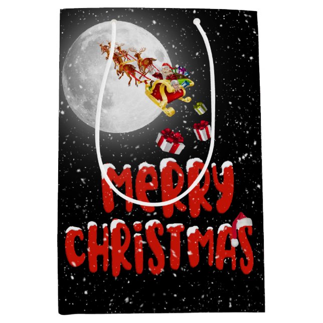 Sacola Para Presentes Média Feliz Natal Papai Noel e Lua (Frente)