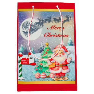 Sacola Para Presentes Média Feliz Natal Papai Noel, Trenó, Rena, Floco de Neve