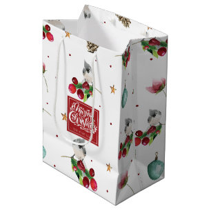 Sacola Para Presentes Média Feliz Natal Pássaro de inverno Personalizado