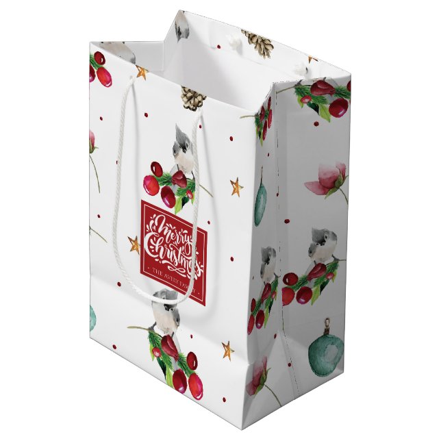 Sacola Para Presentes Média Feliz Natal Pássaro de inverno Personalizado (Frente inclinada)