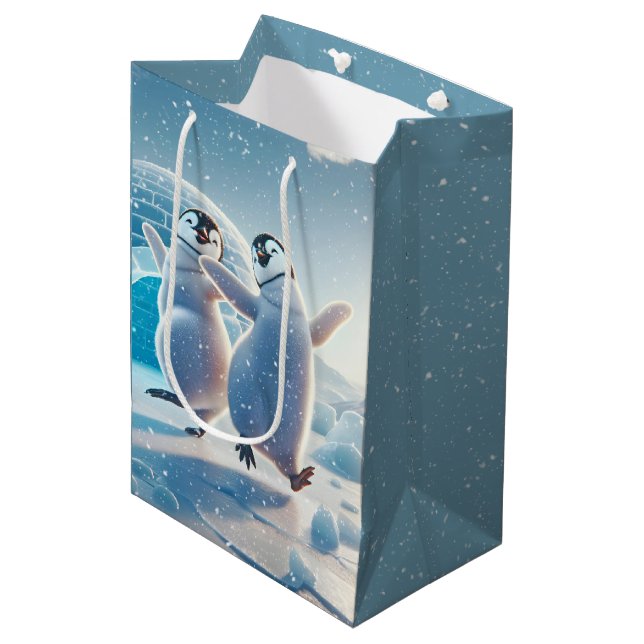 Sacola Para Presentes Média Feliz Natal Pinguins Dançando (Frente inclinada)