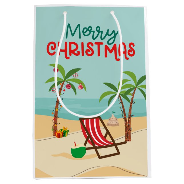 Sacola Para Presentes Média Feliz Natal Praia  (Frente)