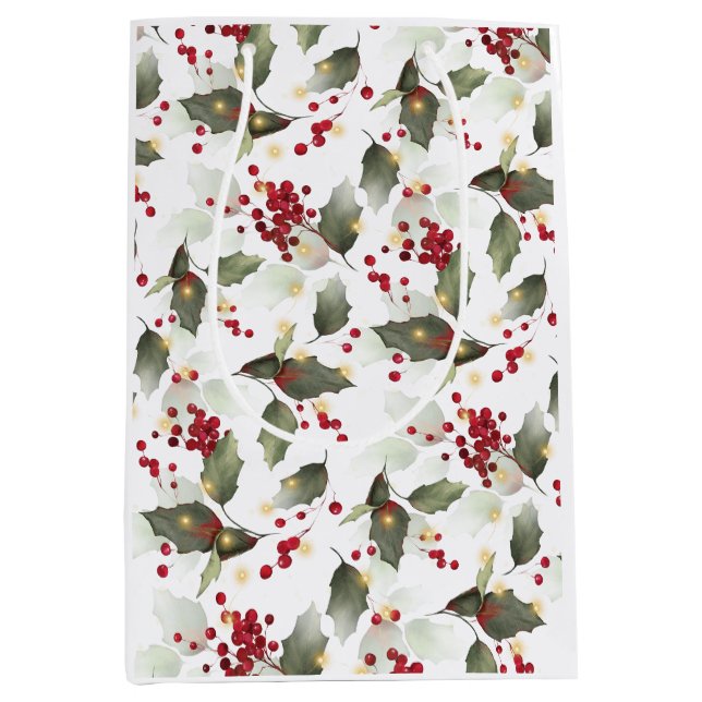 Sacola Para Presentes Média Feliz Natal Red Holly Berries Luzes Douradas (Frente)