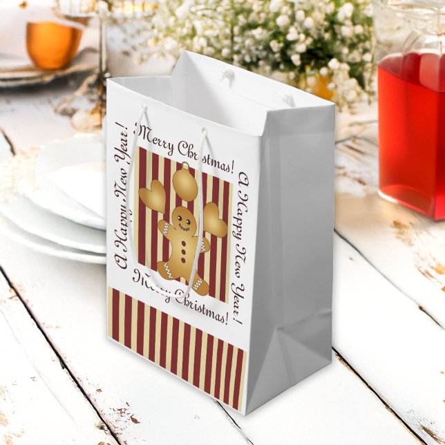 Sacola Para Presentes Média Feliz Natal Red Stripe Gingercake Homem de Gingerp (Criador carregado)