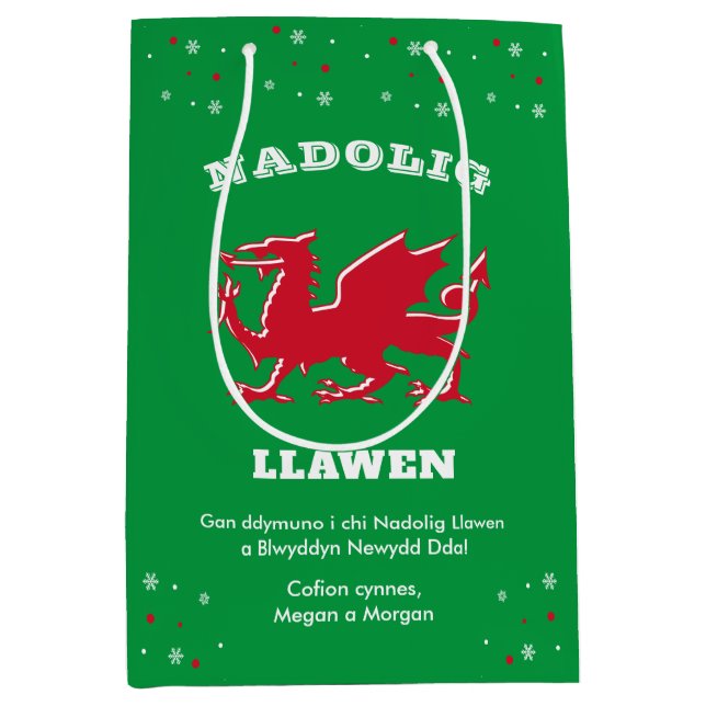 Sacola Para Presentes Média Feliz Natal Red Welsh Dragon Nadolig Llawen (Frente)