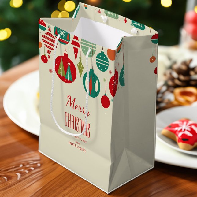 Sacola Para Presentes Média Feliz Natal - Retrô de Meia-Sétima Simples (Merry Christmas modern retro midcentury baubles simple beige Medium Gift Bag)
