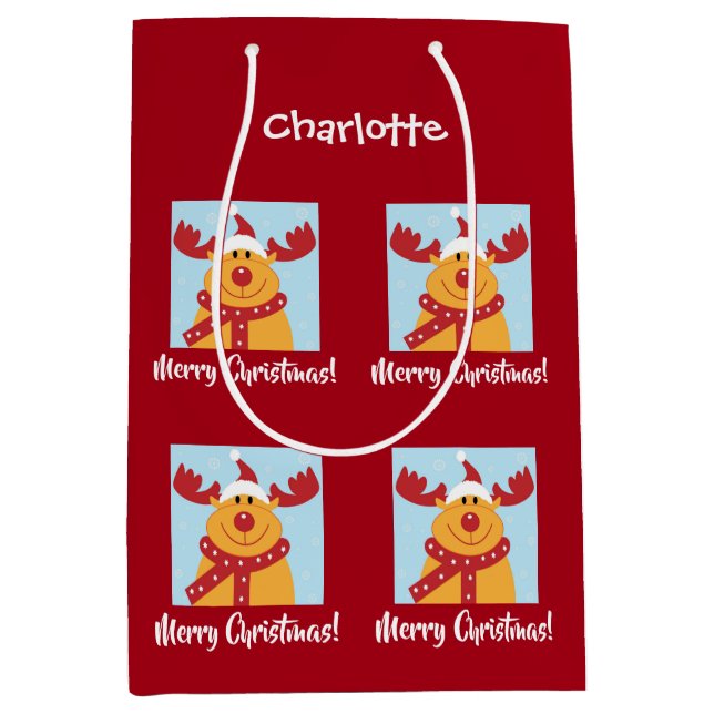 Sacola Para Presentes Média Feliz Natal Rudolph Reindeer Personalize Nome (Frente)