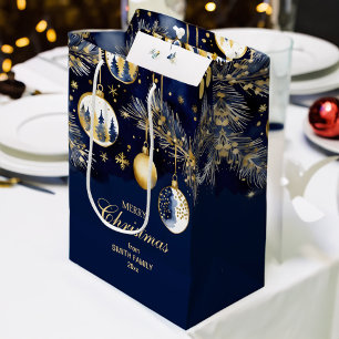 Sacola Para Presentes Média Feliz Natal saudações ouro marinho baubles azuis