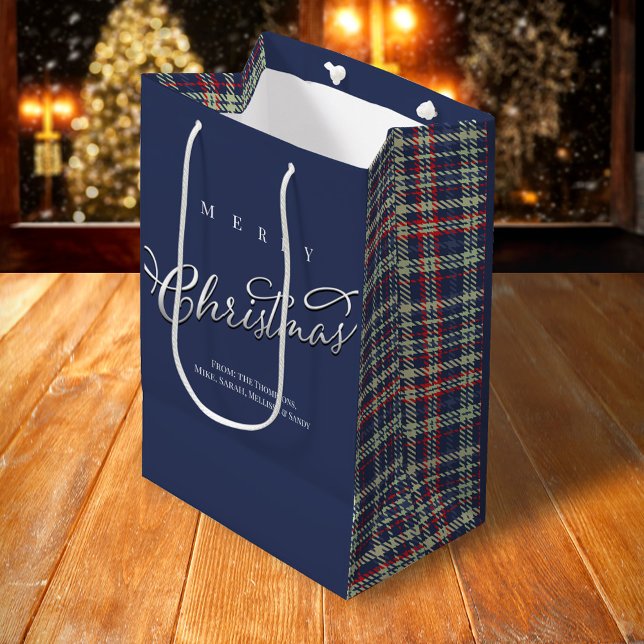 Sacola Para Presentes Média Feliz Natal - Script de Caligrafia Marinho Xadrez  (Merry Christmas navy blue plaid pattern gift bag
)