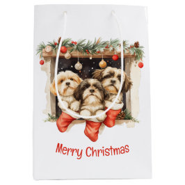 Sacola Para Presentes Média Feliz Natal Shih Tzu Dogs