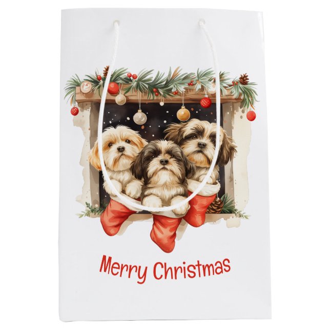 Sacola Para Presentes Média Feliz Natal Shih Tzu Dogs (Frente)