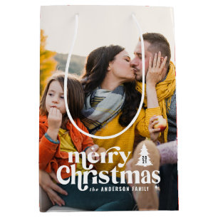 Sacola Para Presentes Média Feliz Natal, tipografia moderna vintage 1 foto