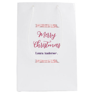 Sacola Para Presentes Média feliz natal vermelho rosa brilho linhas nome retrô