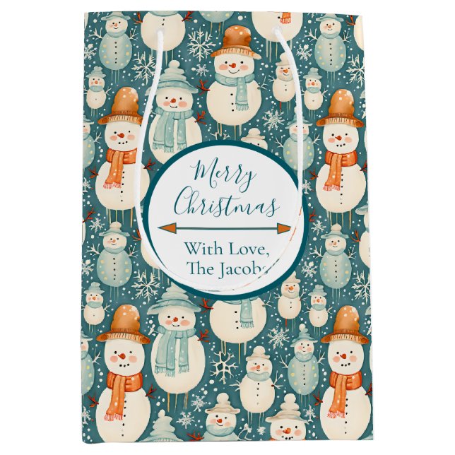 Sacola Para Presentes Média Feliz Natal | Watercolor Snowmen Natal (Frente)