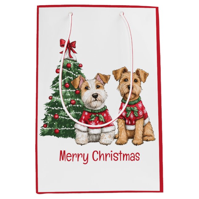 Sacola Para Presentes Média Feliz Natal Welsh Wire Fox Terrier Dogs (Frente)