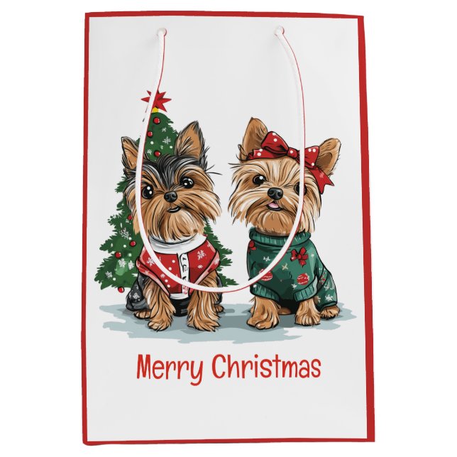 Sacola Para Presentes Média Feliz Natal Yorkie Dogs (Frente)