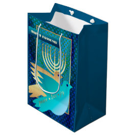 Sacola Para Presentes Média Feliz Passover. Menorah e Peace Doves