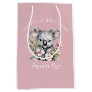 Sacola Para Presentes Média Feliz Primeiro Aniversário Watercolor Koala