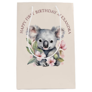 Sacola Para Presentes Média Feliz Primeiro Aniversário Watercolor Koala