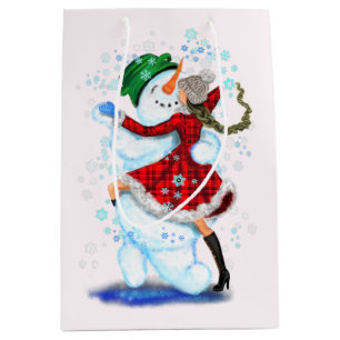 Sacola Para Presentes Média Feliz Snowman e Rapariga Tango Feliz Natal