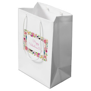 Sacola Para Presentes Média FELIZ VALENTINES DAY Floral Pink Heart Sweet