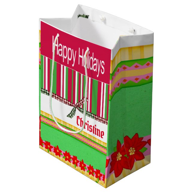 Sacola Para Presentes Média Felizes Feriados Vermelhos Stripe Sacos de Natal (Frente inclinada)