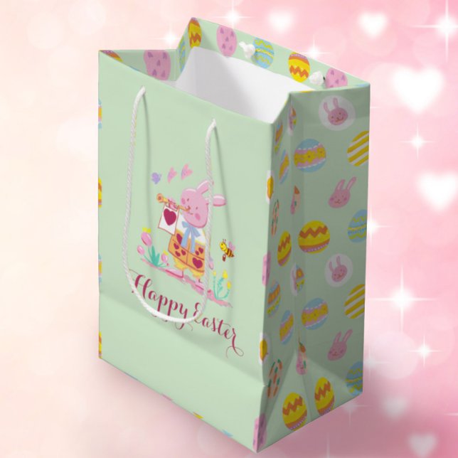 Sacola Para Presentes Média Felz pascoa Coelhinho-Rosa, Ovo-Coelhinho Caça Ver (Criador carregado)