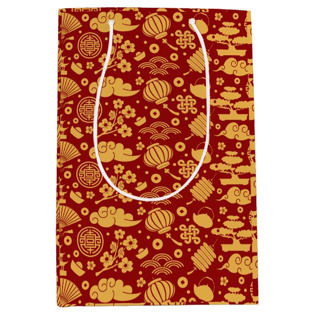 Sacola Para Presentes Média Feng Shui Chic para o Ano do Dragão Vermelho Chinê (Frente)