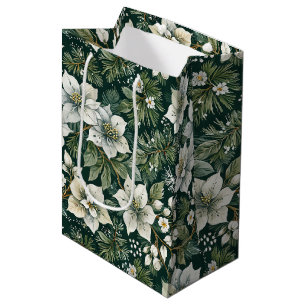 Sacola Para Presentes Média Feriado Branco Azaleas e Evergreens
