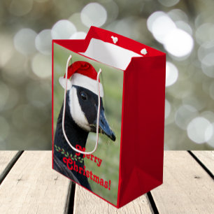 Sacola Para Presentes Média Feriado de Chapéu Vermelho Santa Vestido em Ganso 