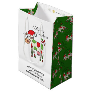 Sacola Para Presentes Média Feriado de Natal do Cartoon Engraçado de Vaca