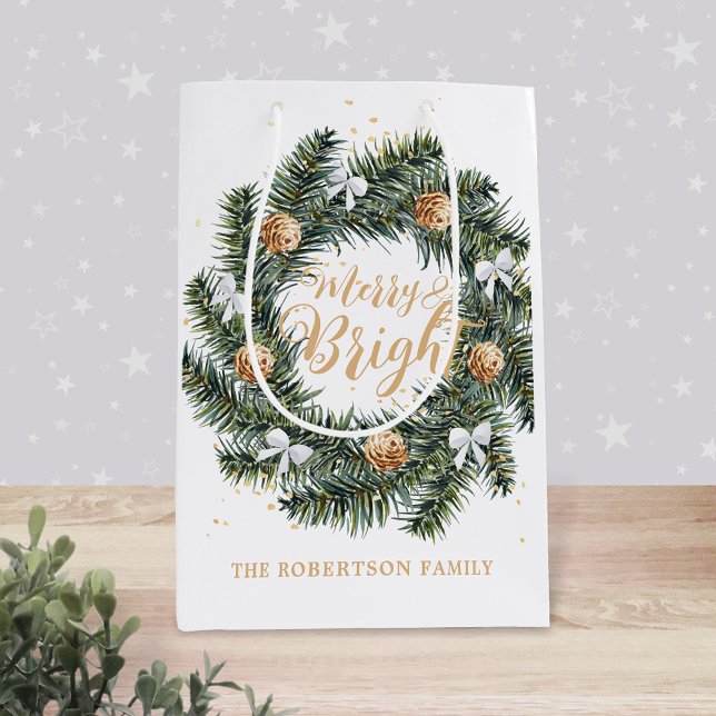 Sacola Para Presentes Média Feriado de Natal feliz e Brilhante (Criador carregado)