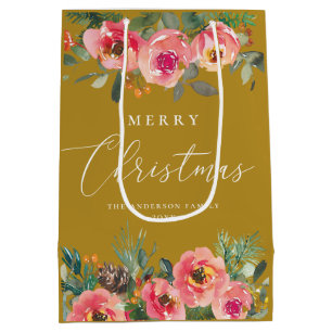 Sacola Para Presentes Média Feriado de Natal Mostarda Esfregada Floral