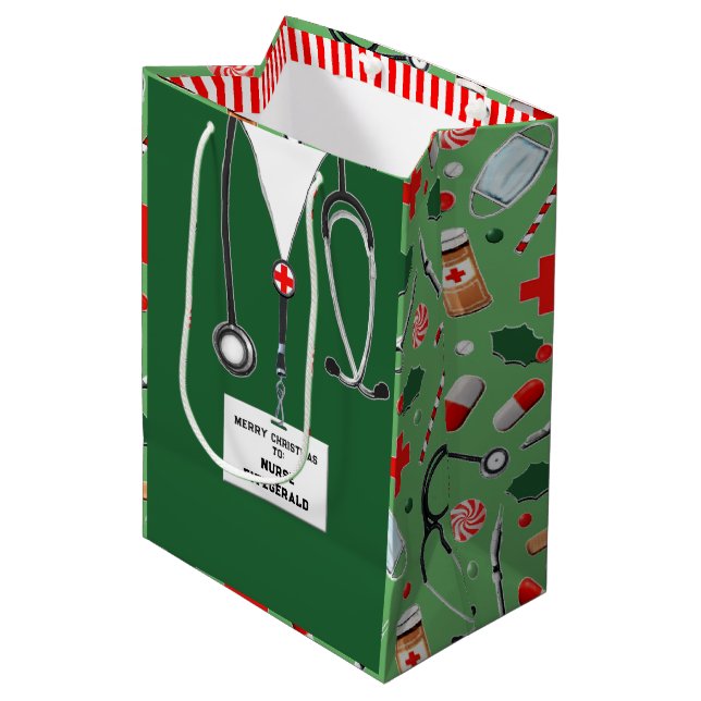 Sacola Para Presentes Média Feriado de Natal para Enfermeira Personalizada (Frente inclinada)