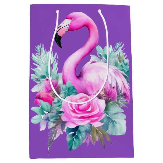 Sacola Para Presentes Média Feriado de Natal Tropical Púrpura Flamingo, Rosa (Frente)