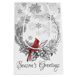 Sacola Para Presentes Média Feriado de Saudações de Wreath e Red Bird Season