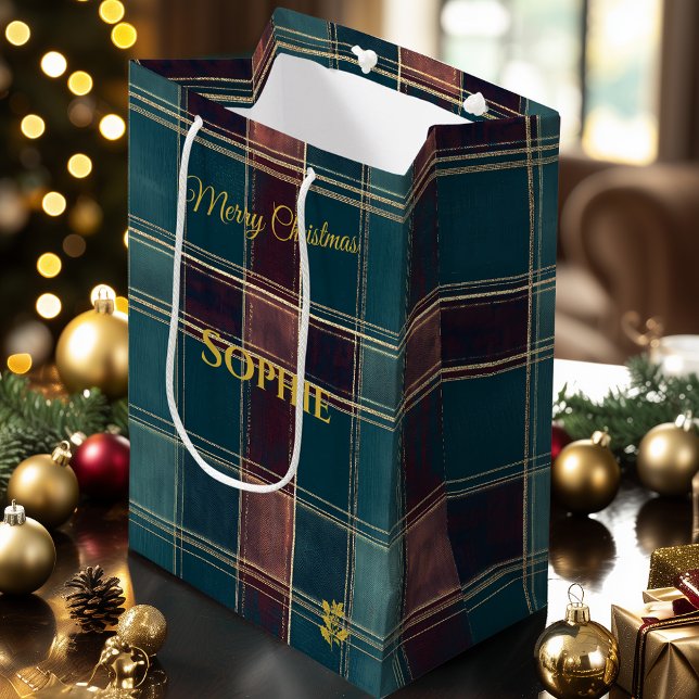 Sacola Para Presentes Média Feriado personalizável de Xadrez Teal e Borgonha (Criador carregado)