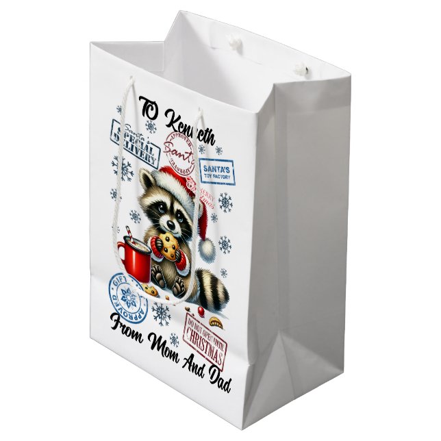 Sacola Para Presentes Média Feriado Raccoon com presentes (Frente inclinada)