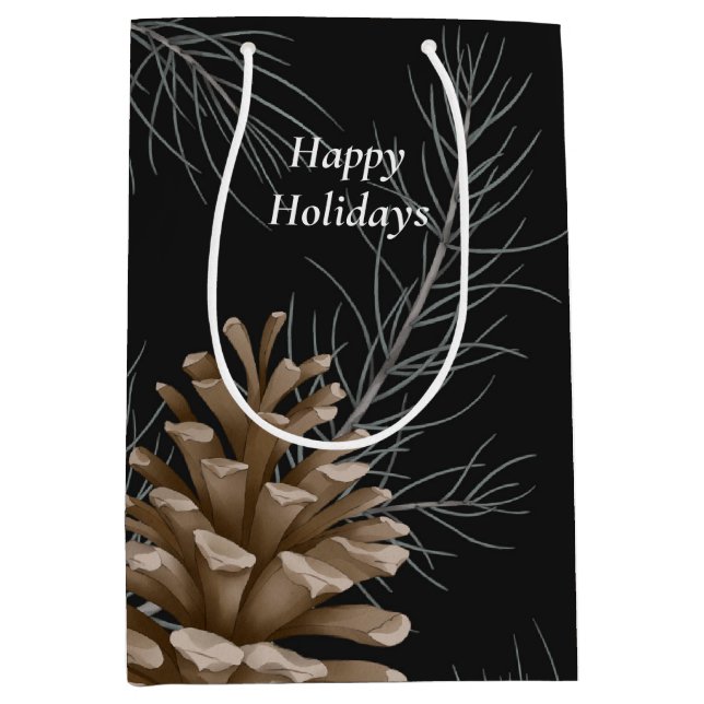 Sacola Para Presentes Média Feriados Felizes de Pinho Negro e Marrom Favorecem (Frente)