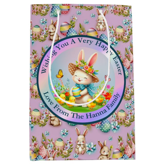 Sacola Para Presentes Média Férias Feliz das Flores da Páscoa e Coelhinhos da  (Frente)