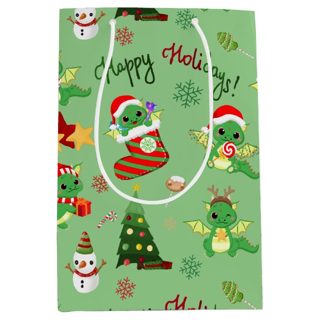 Sacola Para Presentes Média Férias Felizes do Dragão de Natal (Frente)