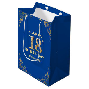 Sacola Para Presentes Média festa de aniversário 18 Azul e brilho Dourado